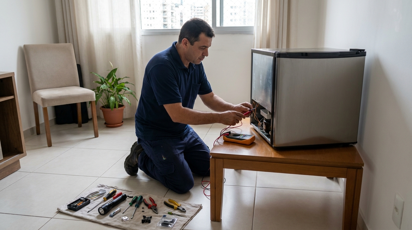 Técnico fazendo manutenção do motor de frigobar em Jundiaí‑SP