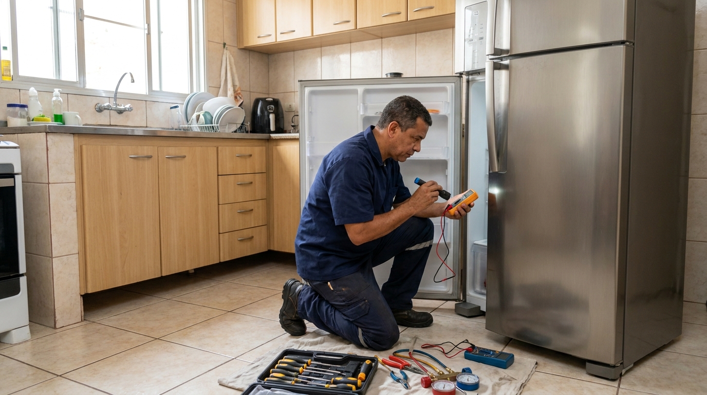 Técnico aplicando recarga de gás refrigerante em geladeira em Jundiaí‑SP
