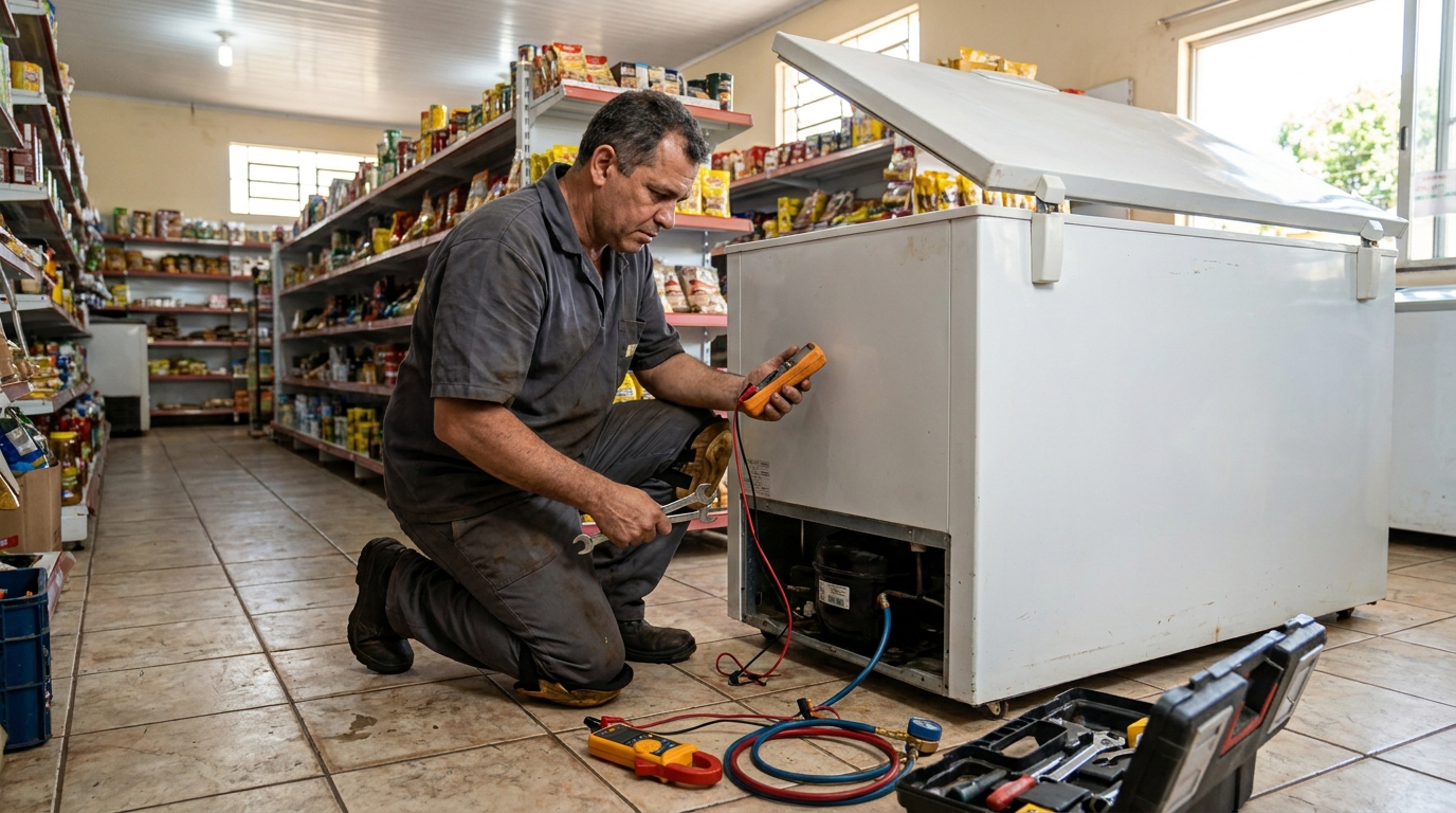 Substituição de termostato de freezer em visita técnica em Jundiaí‑SP